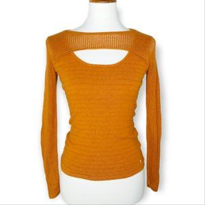 Y2K Guess Ribbed Sweater Size M Rust Orange Form Fitting Fishnet Sleeves